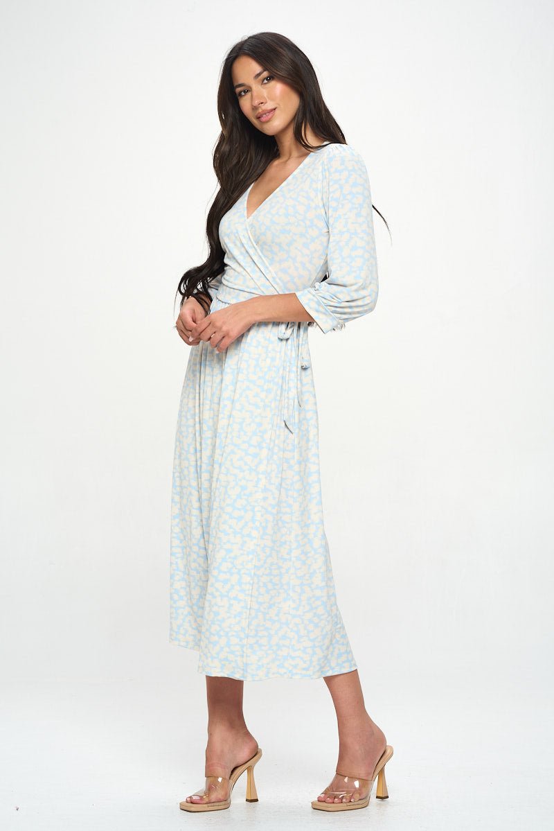 Image of West K Hadley Three Quarter Sleeve Full Wrap Dress Baby Blue White