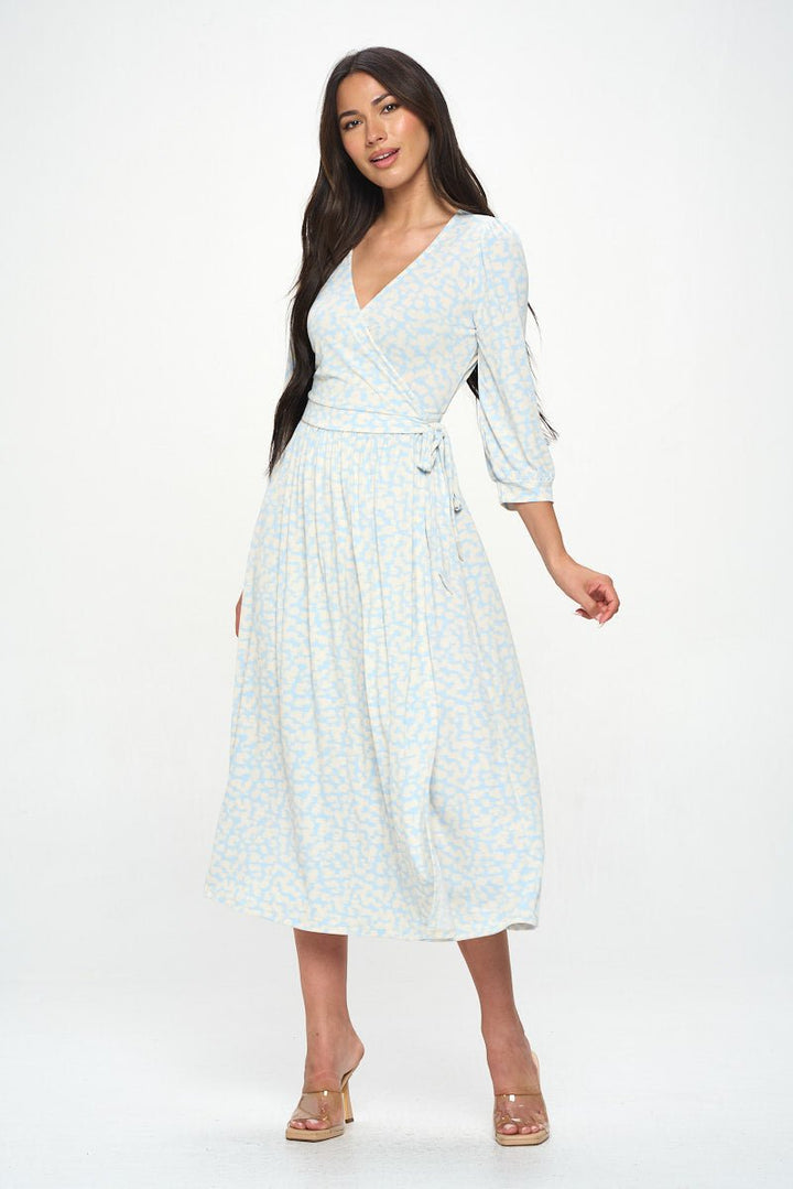 Image of West K Hadley Three Quarter Sleeve Full Wrap Dress Baby Blue White