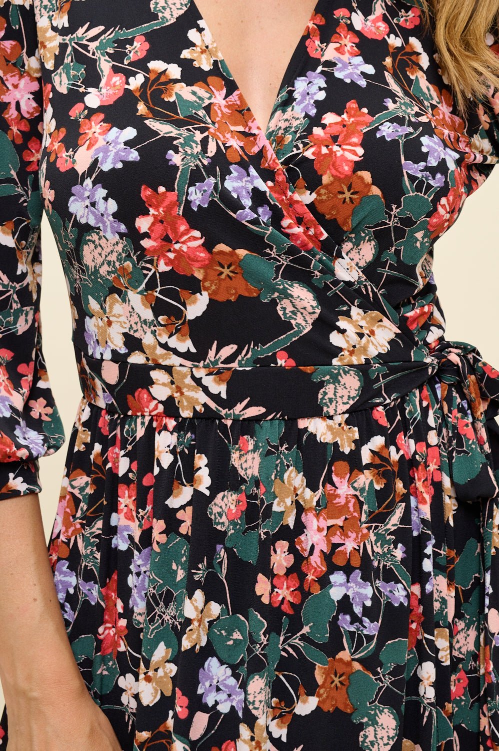 Image of West K Hadley Three Quarter Sleeve Full Wrap Dress Black Red Floral