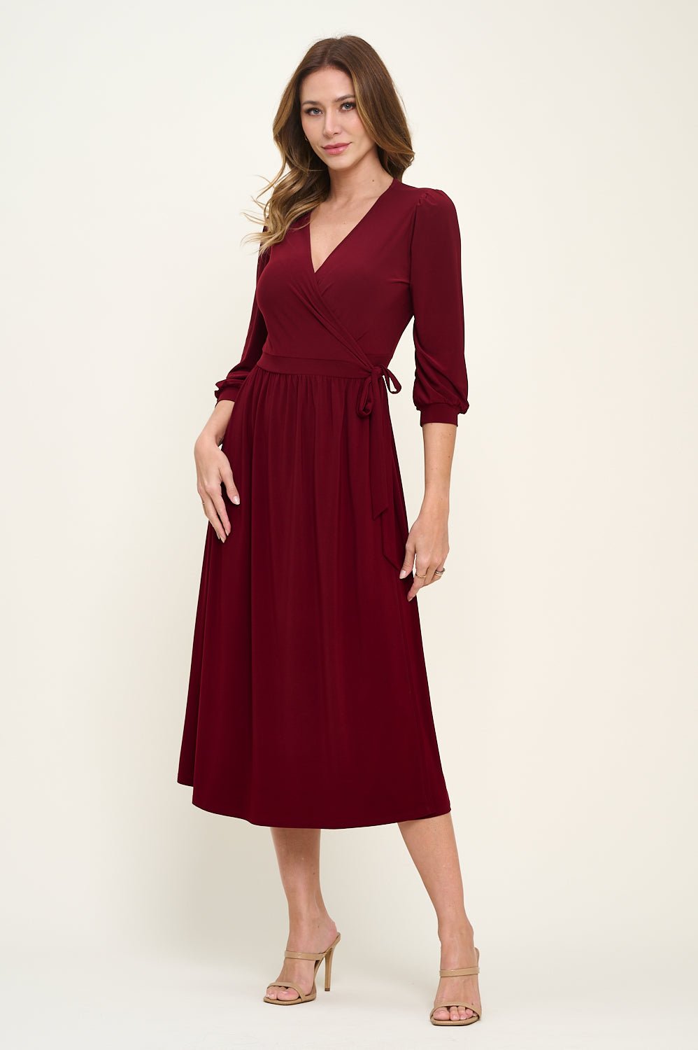 Image of West K Hadley Three Quarter Sleeve Full Wrap Dress Burgundy