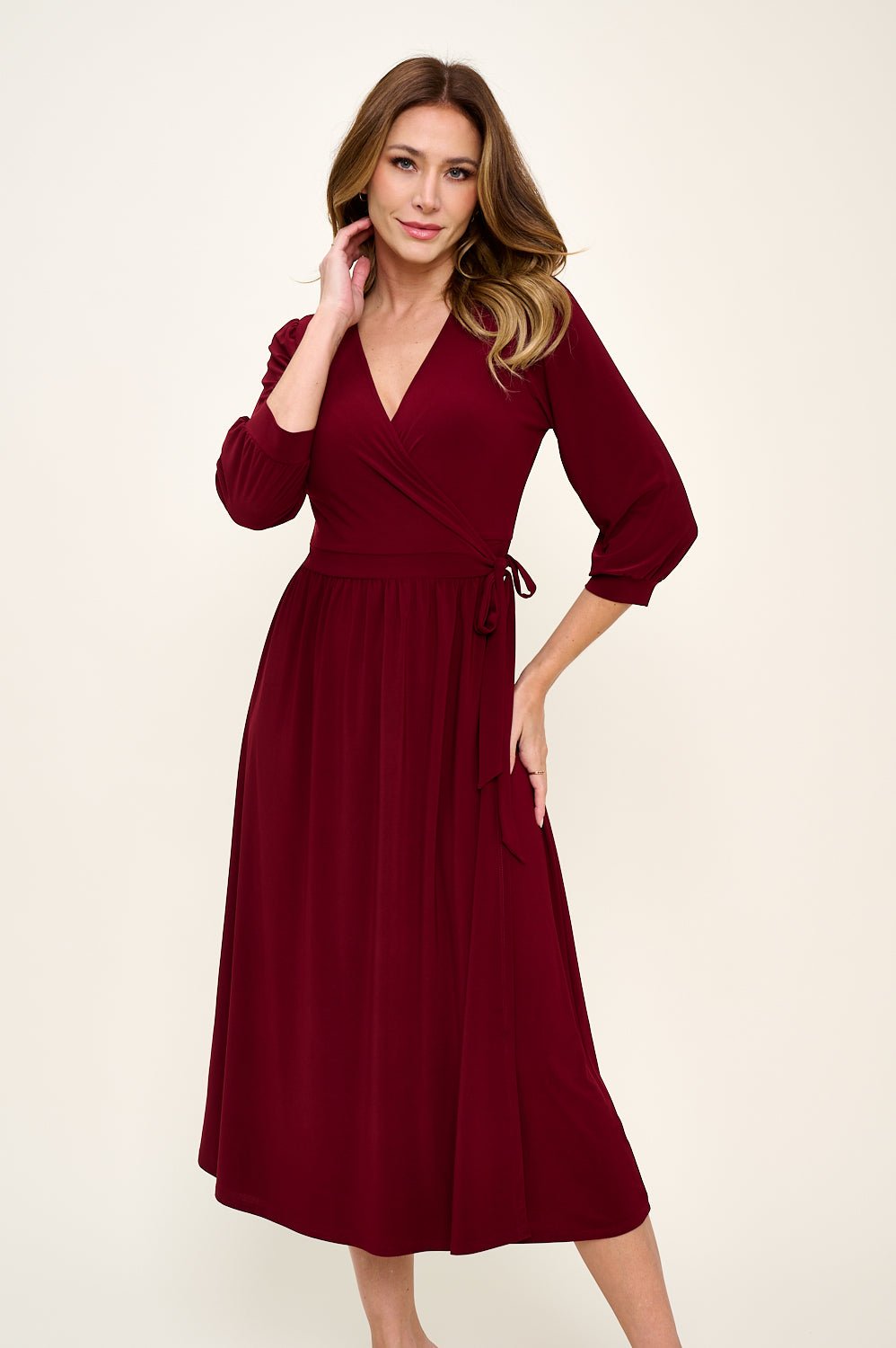 Image of West K Hadley Three Quarter Sleeve Full Wrap Dress Burgundy