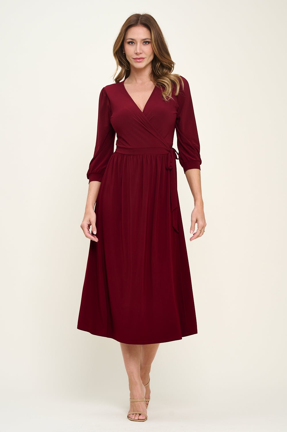 Image of West K Hadley Three Quarter Sleeve Full Wrap Dress Burgundy