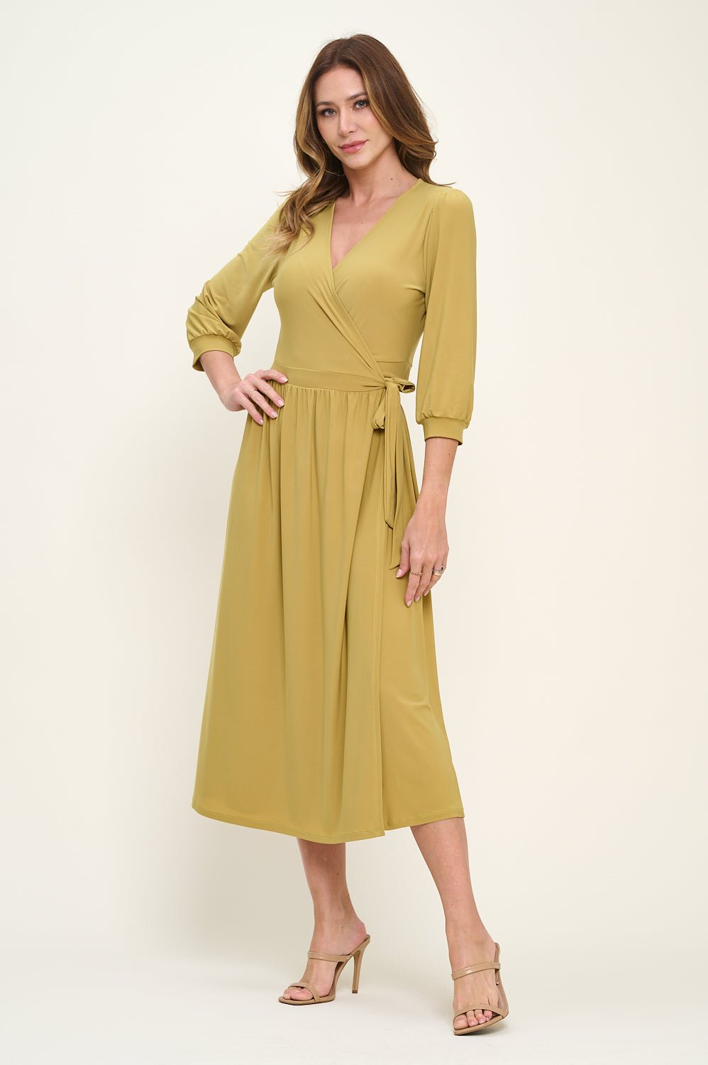 Image of West K Hadley Three Quarter Sleeve Full Wrap Dress Citron Green