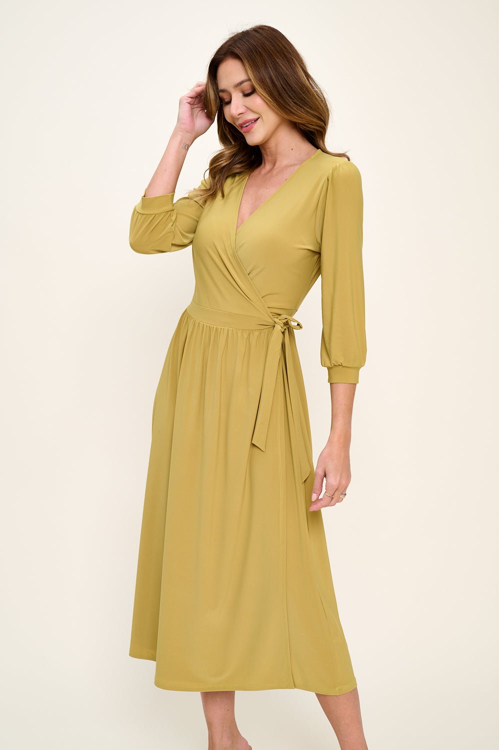 Image of West K Hadley Three Quarter Sleeve Full Wrap Dress Citron Green