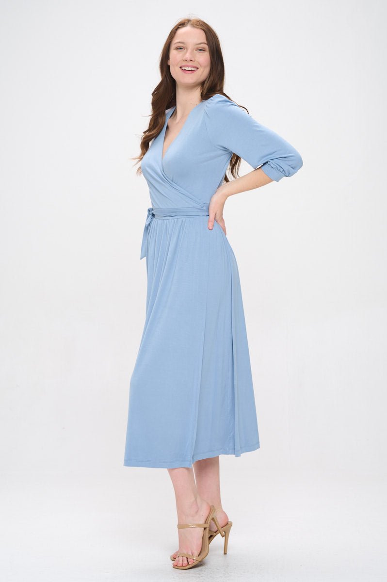 Image of West K Hadley Three Quarter Sleeve Full Wrap Dress Denim Blue