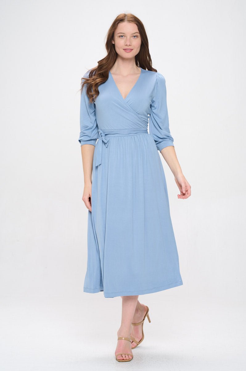 Image of West K Hadley Three Quarter Sleeve Full Wrap Dress Denim Blue