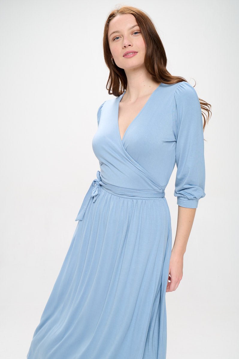 Image of West K Hadley Three Quarter Sleeve Full Wrap Dress Denim Blue