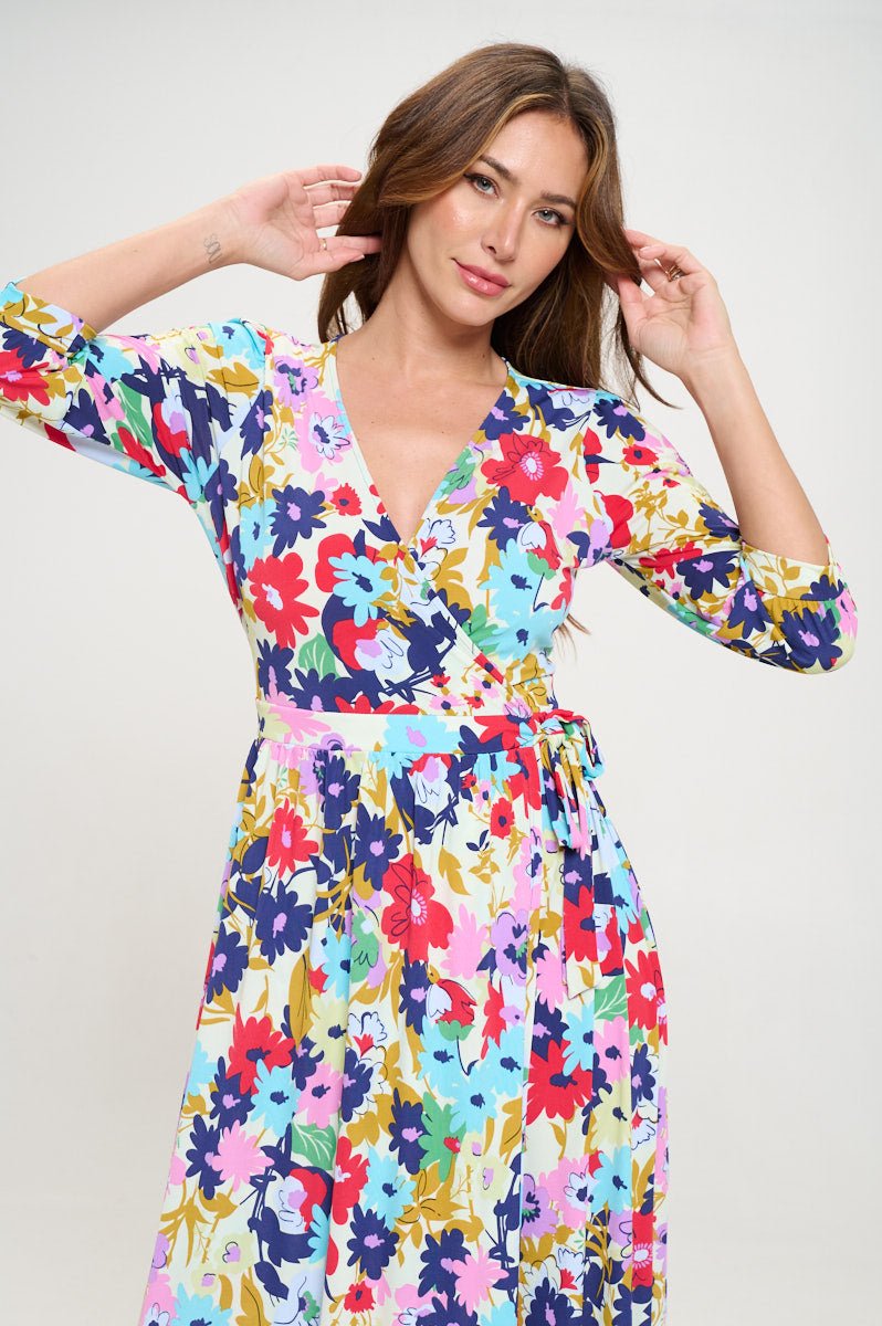 Image of West K Hadley Three Quarter Sleeve Full Wrap Dress Floral Multi