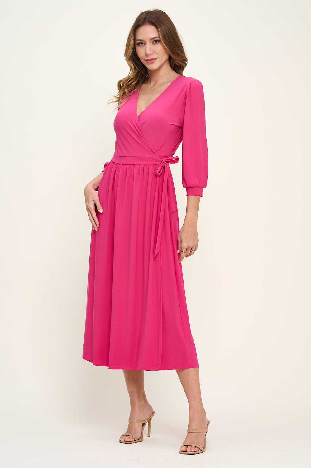 Image of West K Hadley Three Quarter Sleeve Full Wrap Dress Fuchsia