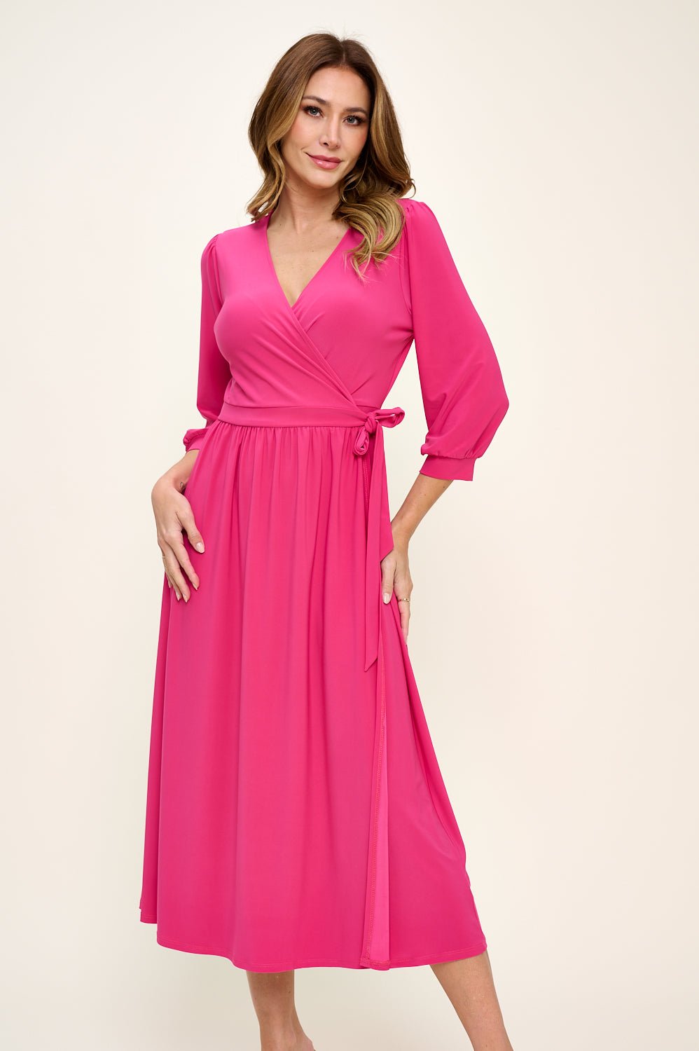 Image of West K Hadley Three Quarter Sleeve Full Wrap Dress Fuchsia