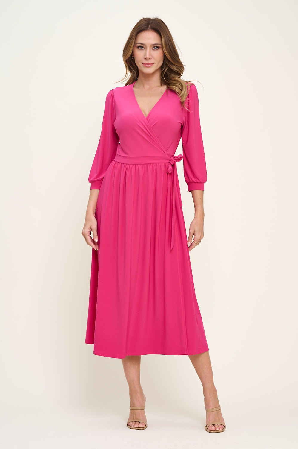 Image of West K Hadley Three Quarter Sleeve Full Wrap Dress Fuchsia