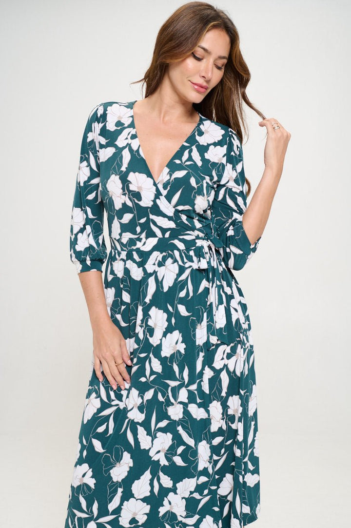 Image of West K Hadley Three Quarter Sleeve Full Wrap Dress Green White Floral