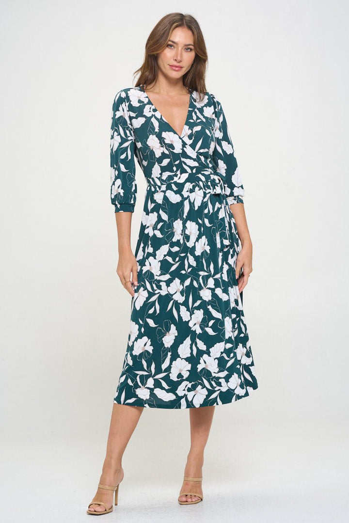 Image of West K Hadley Three Quarter Sleeve Full Wrap Dress Green White Floral