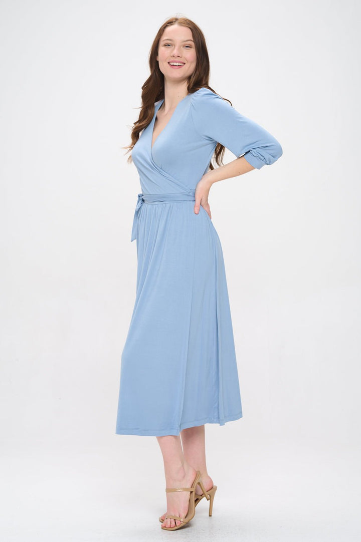 Image of West K Hadley Three Quarter Sleeve Full Wrap Dress Light Blue