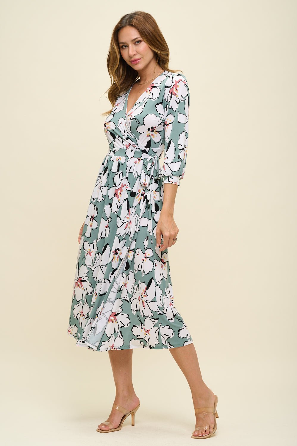 Image of West K Hadley Three Quarter Sleeve Full Wrap Dress Sage Floral