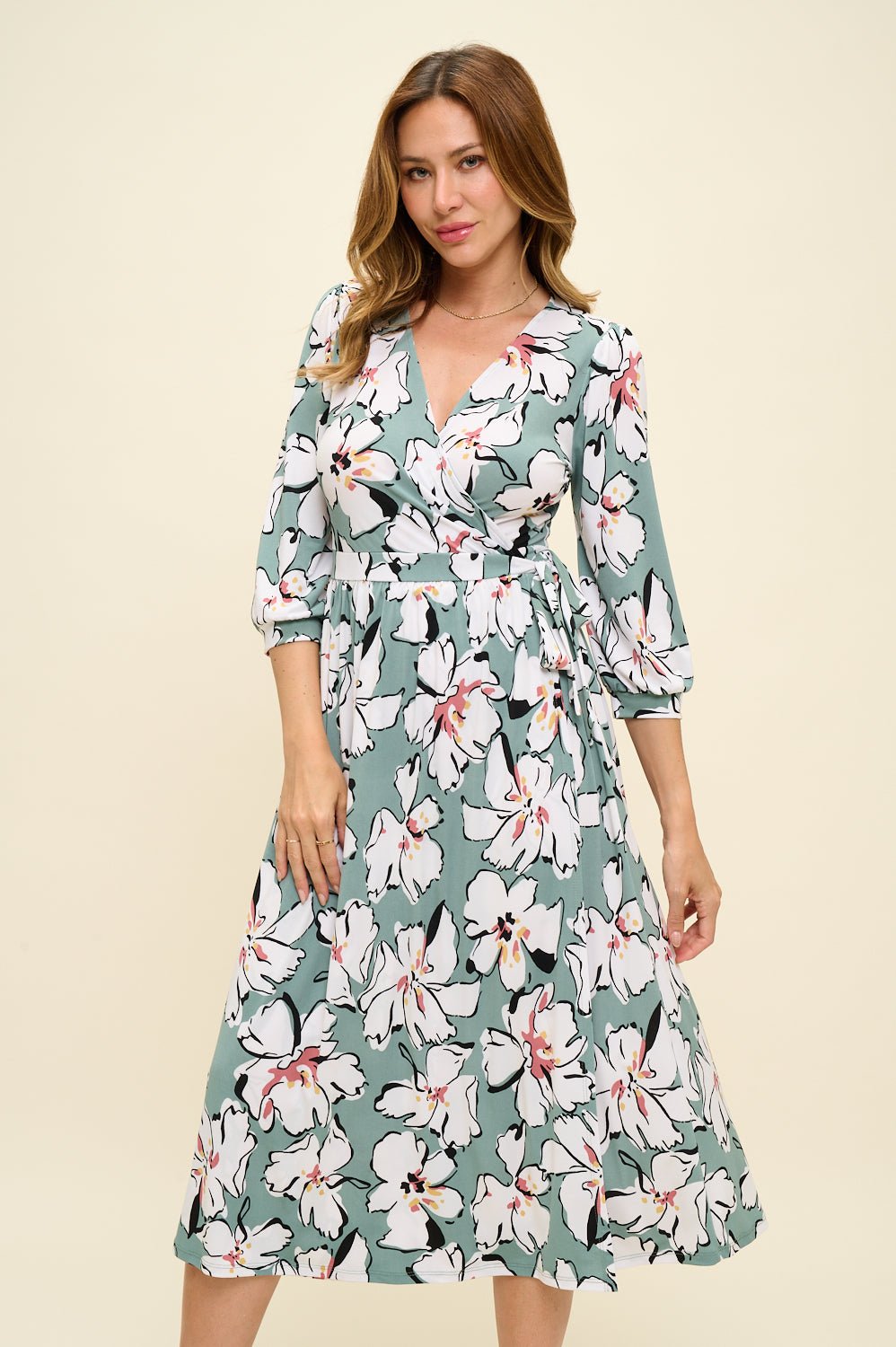 Image of West K Hadley Three Quarter Sleeve Full Wrap Dress Sage Floral