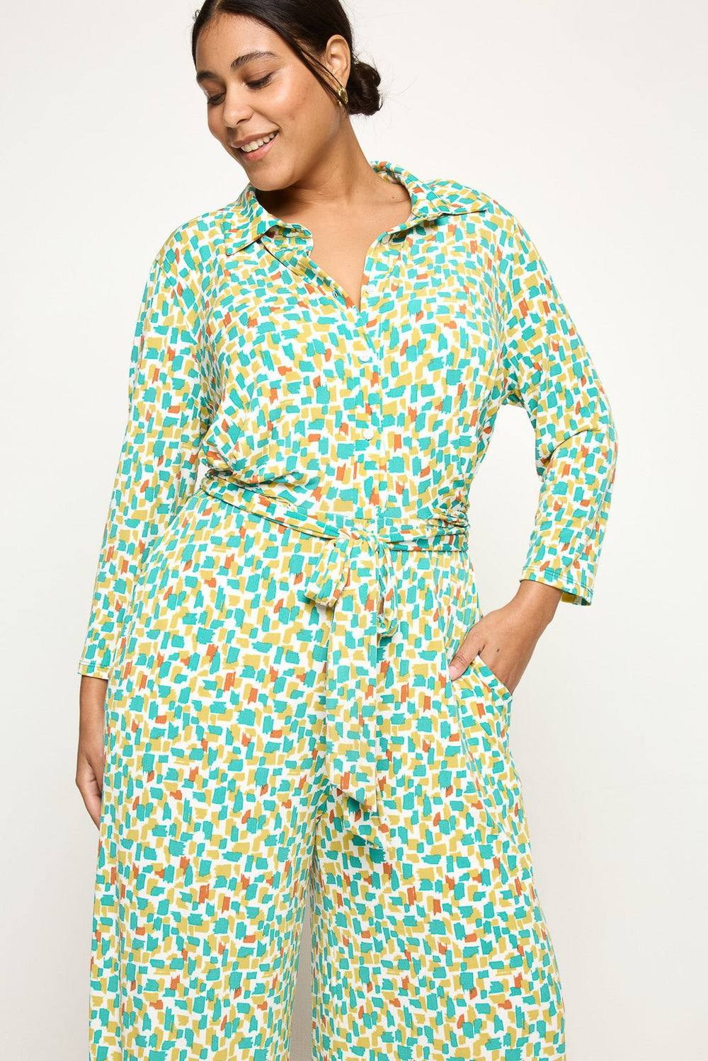 Image of West K Haley 3/4 Sleeve Knit Button Down Jumpsuit Emerald Print