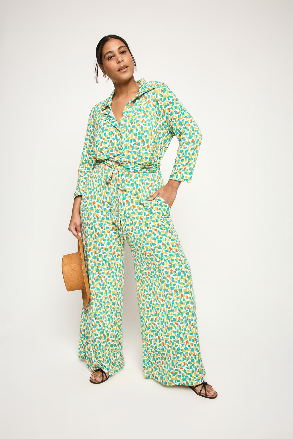 Image of West K Haley 3/4 Sleeve Knit Button Down Jumpsuit Emerald Print