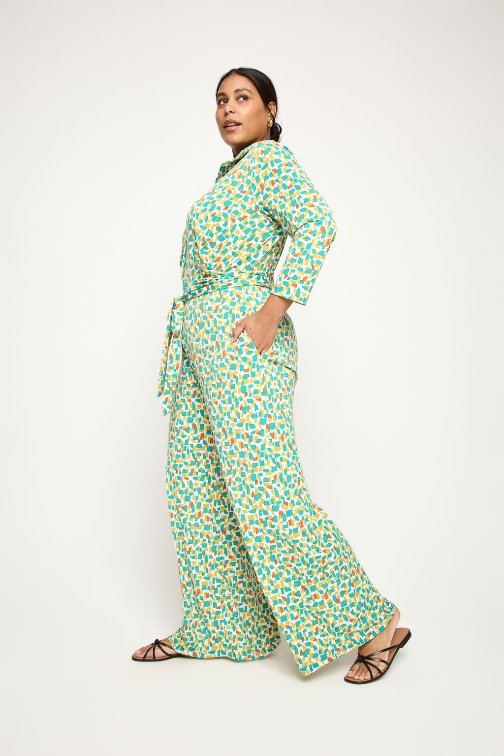 Image of West K Haley 3/4 Sleeve Knit Button Down Jumpsuit Emerald Print