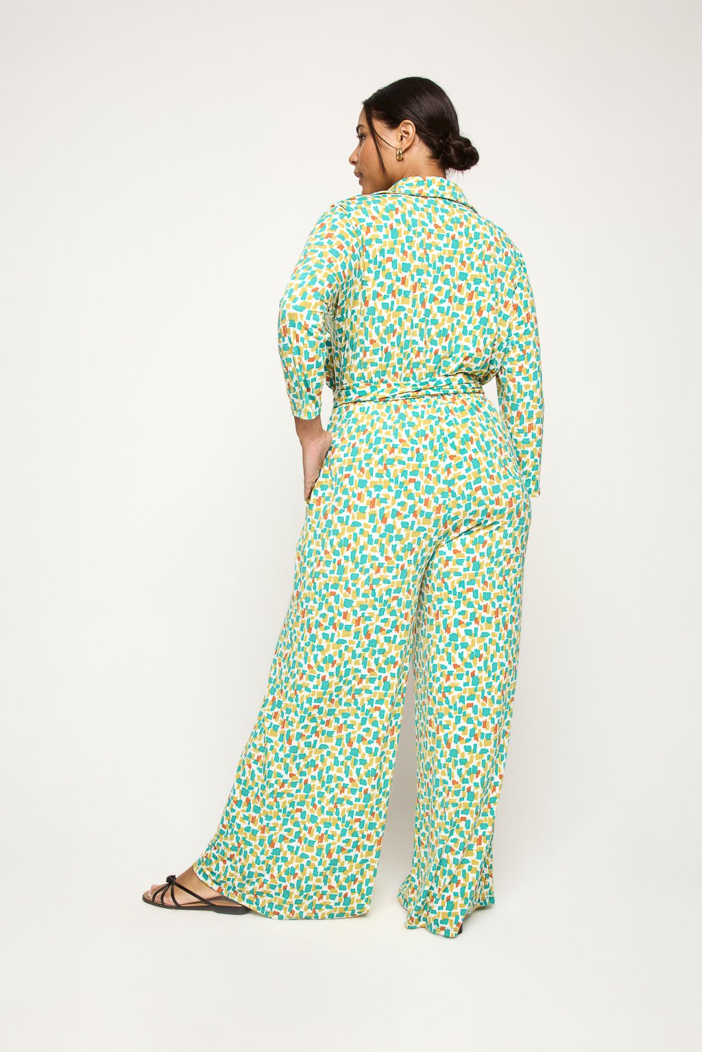 Image of West K Haley 3/4 Sleeve Knit Button Down Jumpsuit Emerald Print