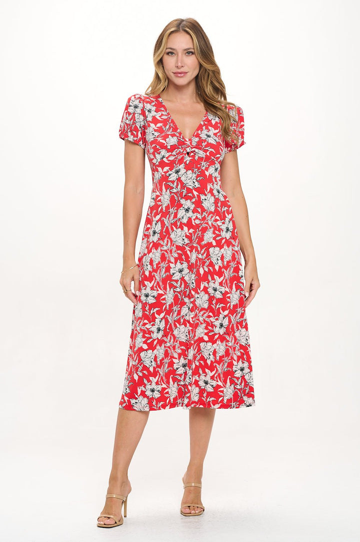 Image of West K Haven Short Sleeve Printed Midi Dress Red Floral