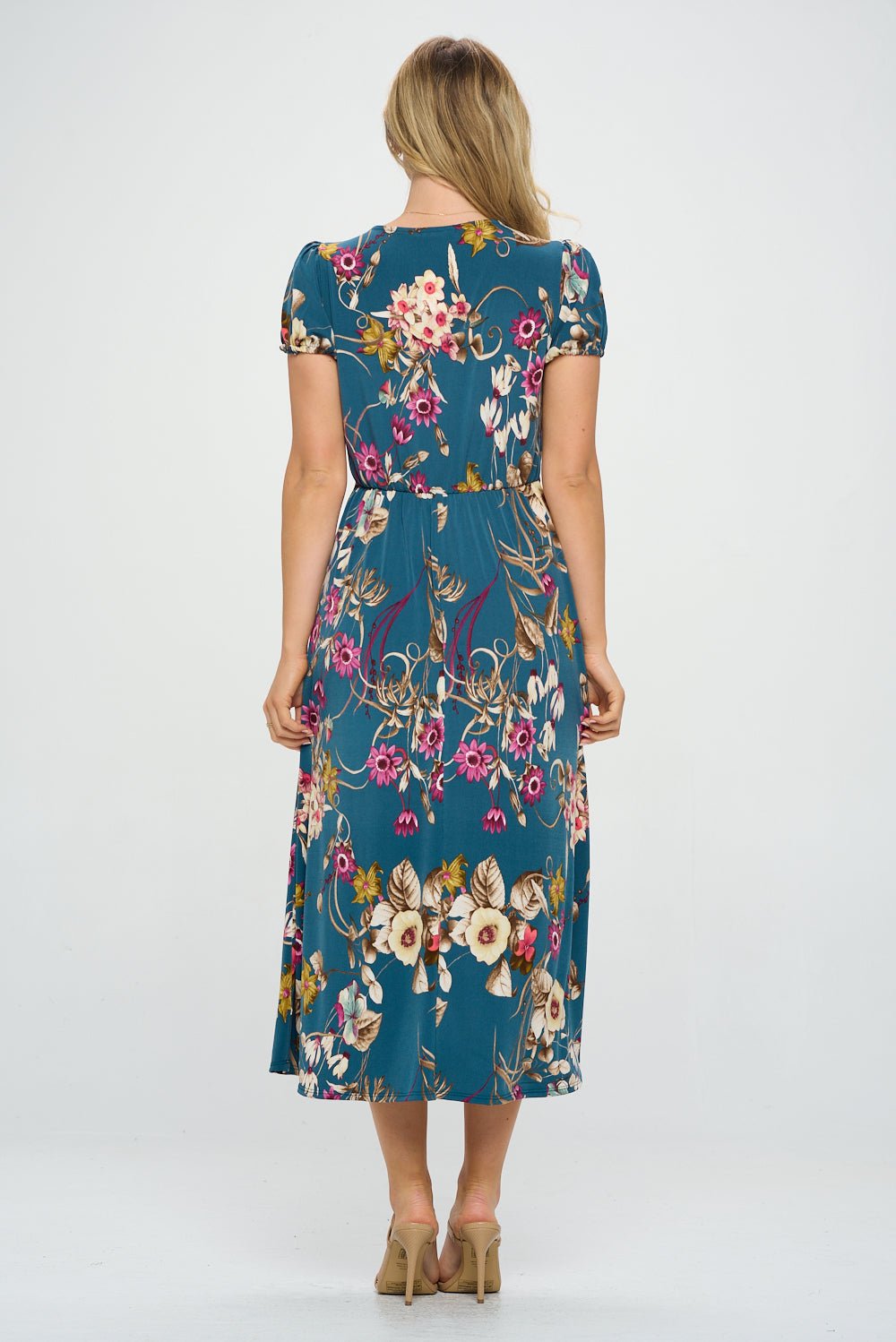 Image of West K Haven Short Sleeve Printed Midi Dress Teal Floral