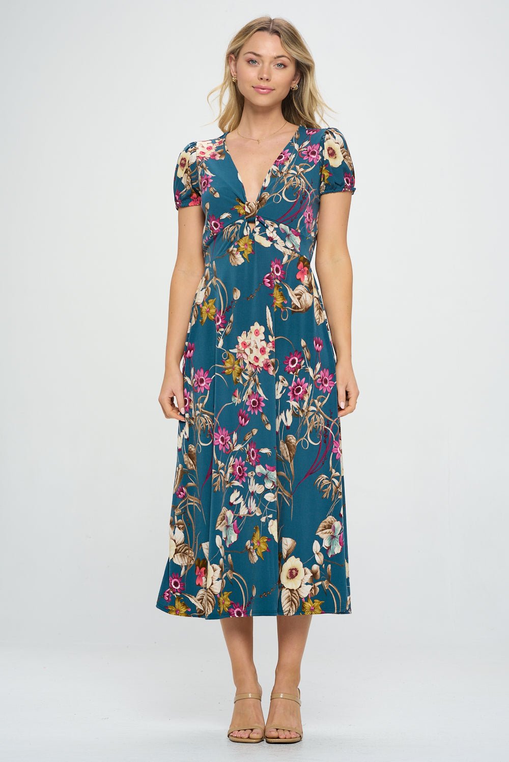 Image of West K Haven Short Sleeve Printed Midi Dress Teal Floral