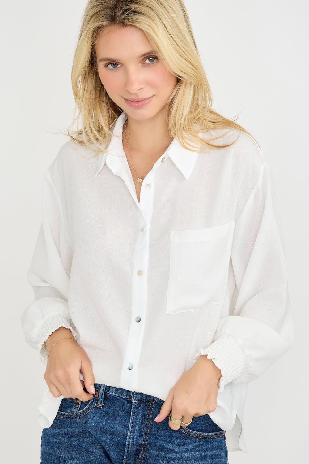 Image of West K Hazel Long Smocked Sleeve Button Down Shirt Blue Stripe