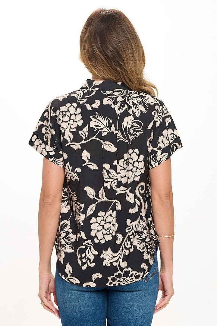 Image of West K Helen Short Sleeve Button Down Shirt Black Ivory Floral