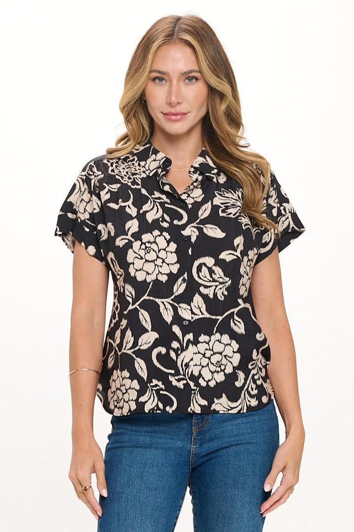 Image of West K Helen Short Sleeve Button Down Shirt Black Ivory Floral