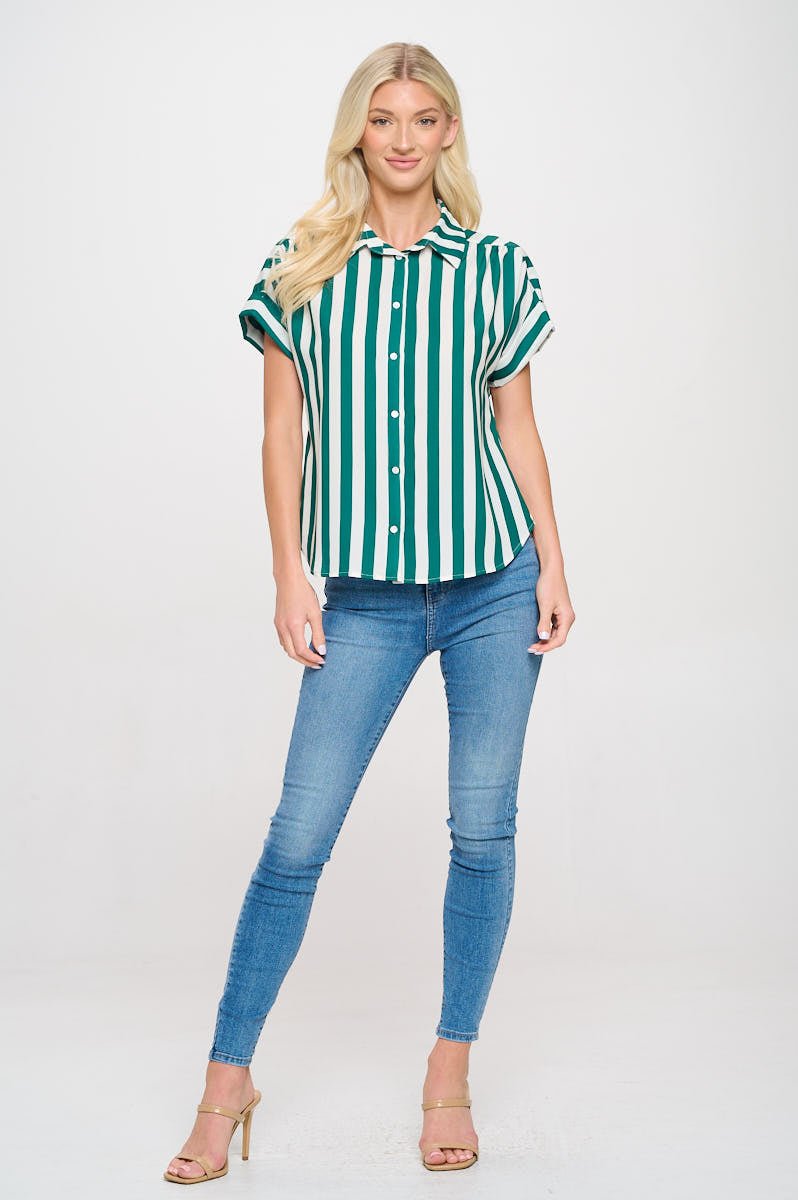 Image of West K Helen Short Sleeve Button Down Shirt Green White Stripe