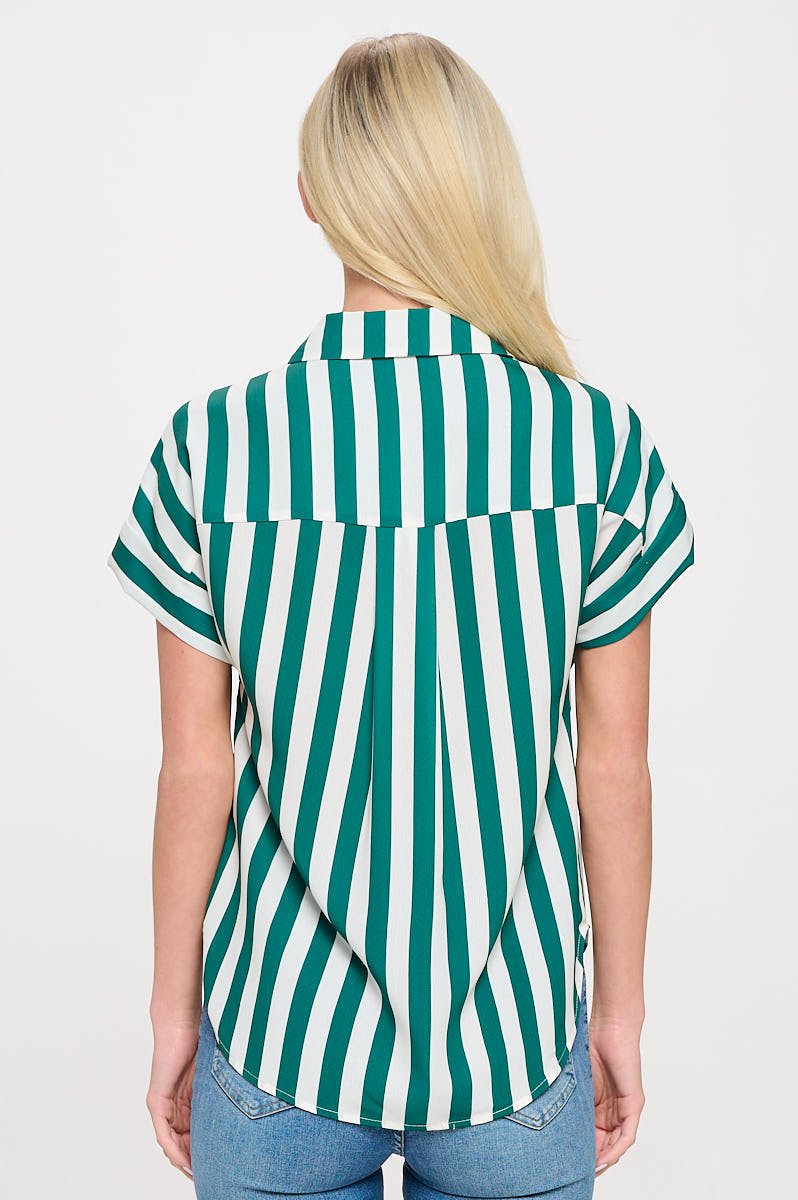 Image of West K Helen Short Sleeve Button Down Shirt Green White Stripe