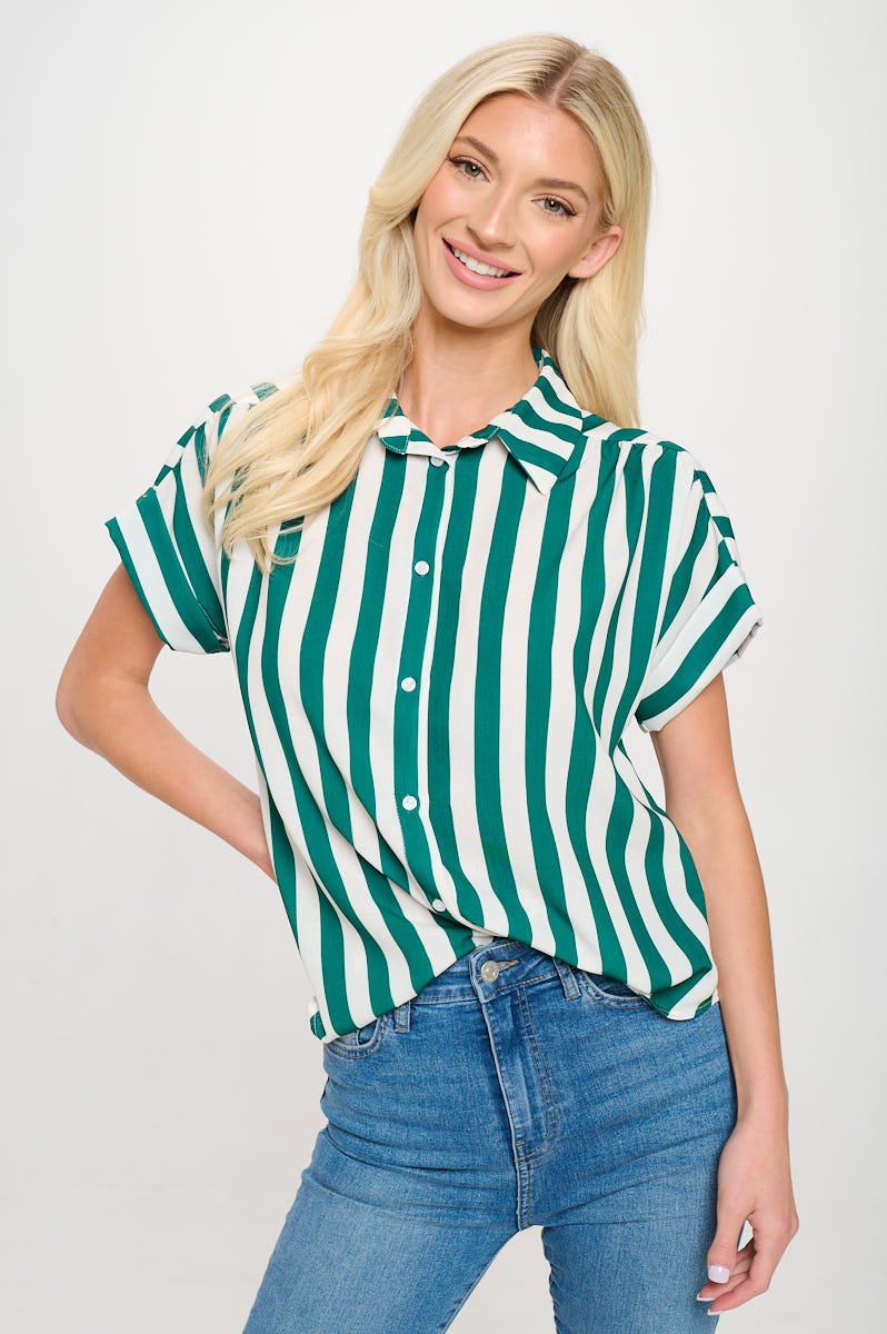 Image of West K Helen Short Sleeve Button Down Shirt Green White Stripe