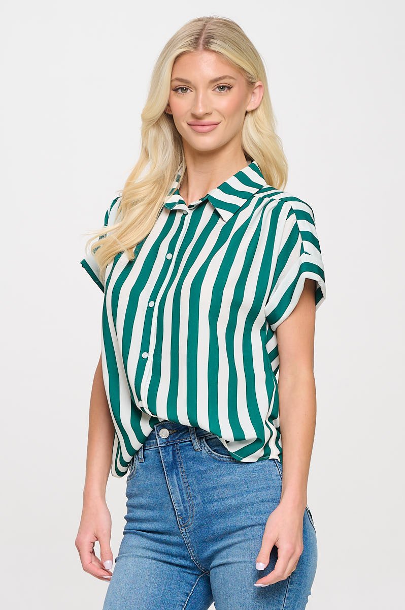 Image of West K Helen Short Sleeve Button Down Shirt Green White Stripe