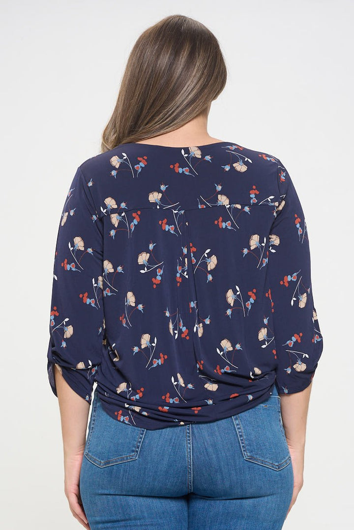 Image of West K Hollie Plus Size Roll - tab Sleeve Knit Blouse Navy Floral Multi