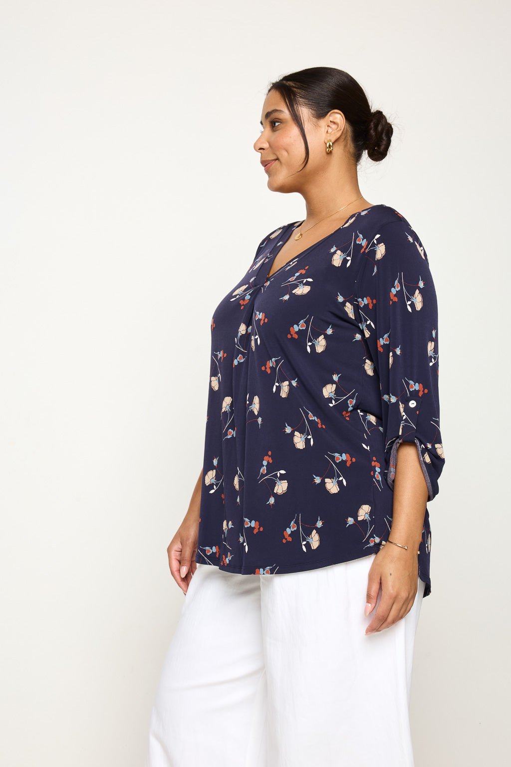 Image of West K Hollie Plus Size Roll - tab Sleeve Knit Blouse Navy Floral Multi