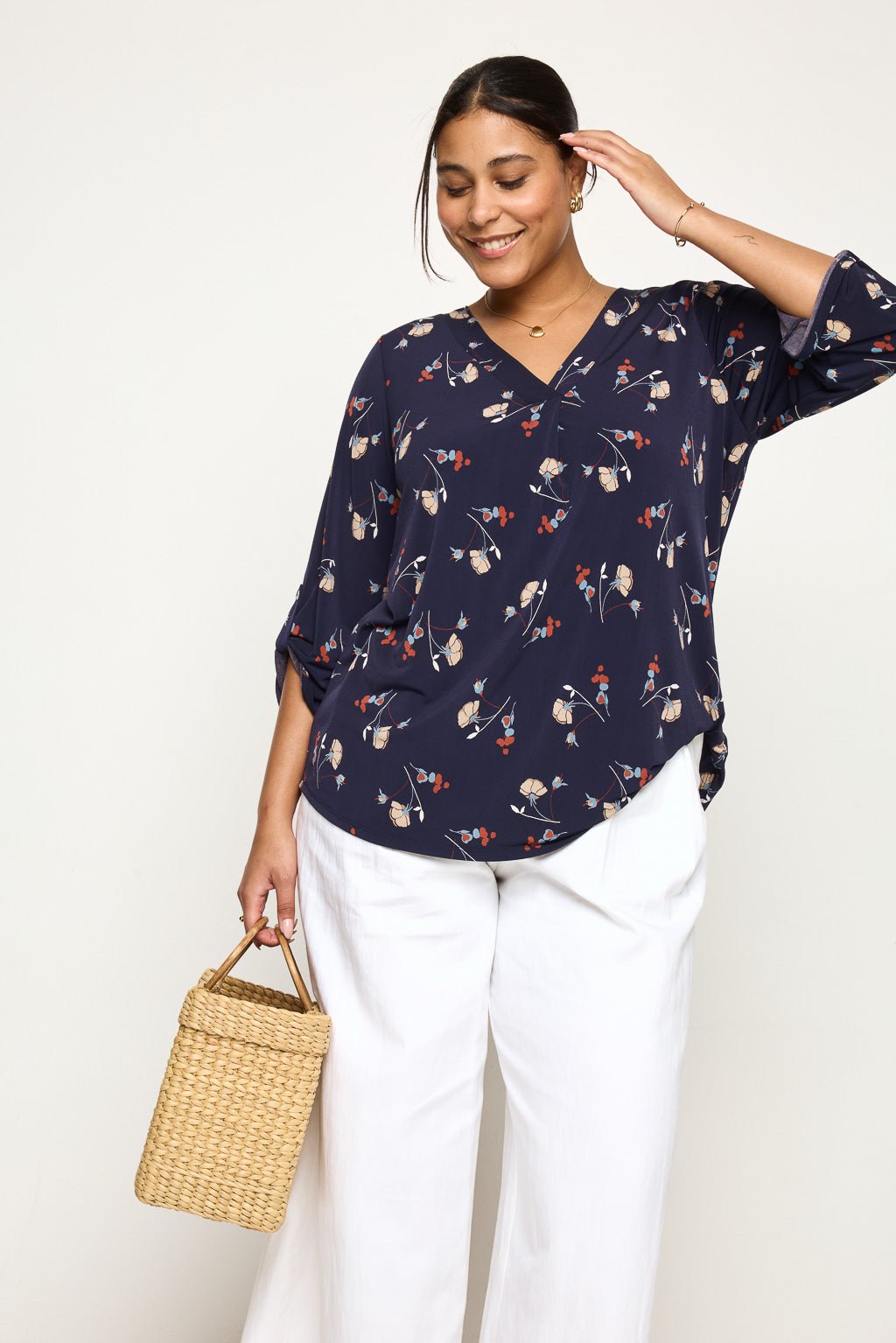 Image of West K Hollie Plus Size Roll - tab Sleeve Knit Blouse Navy Floral Multi