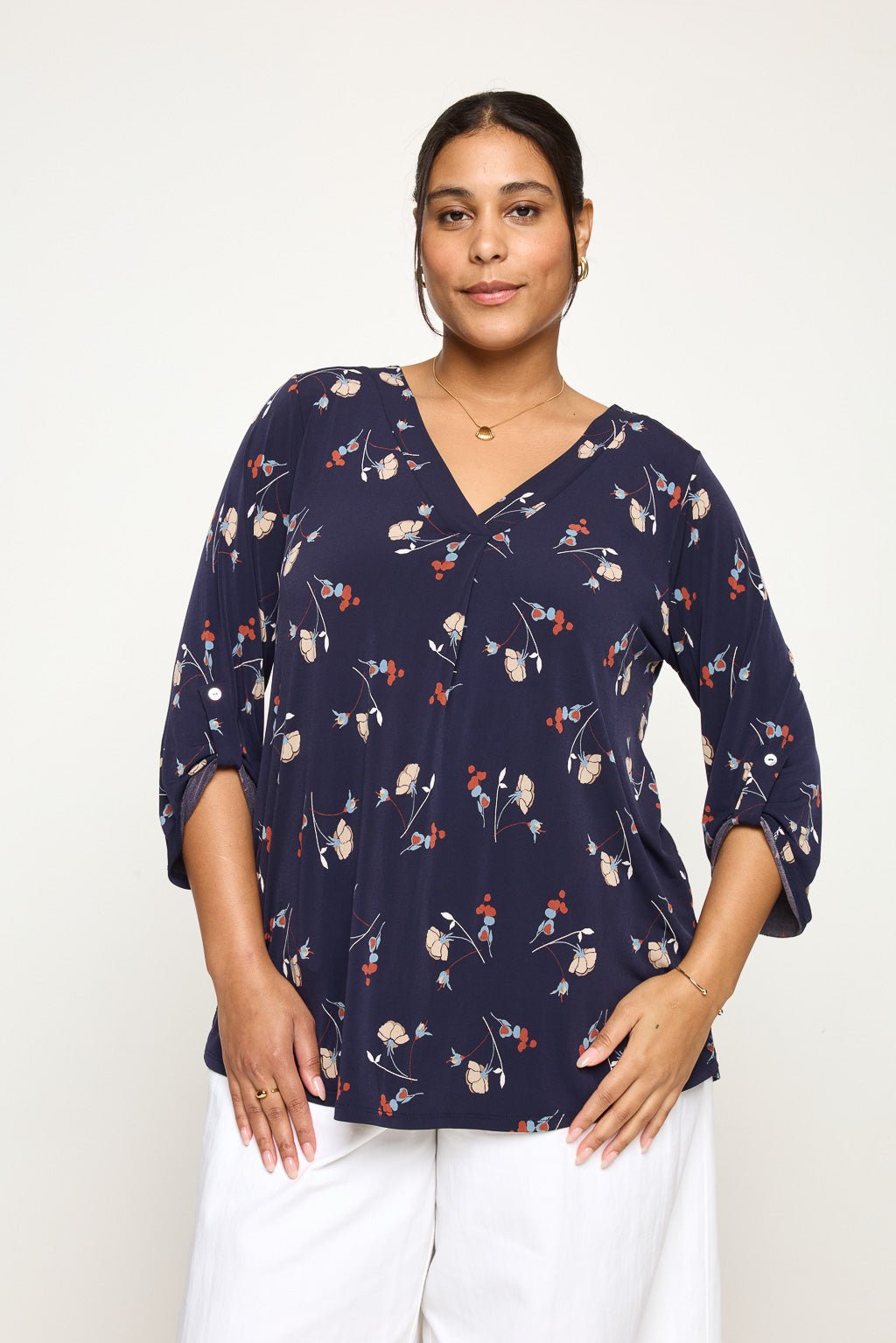 Image of West K Hollie Plus Size Roll - tab Sleeve Knit Blouse Navy Floral Multi