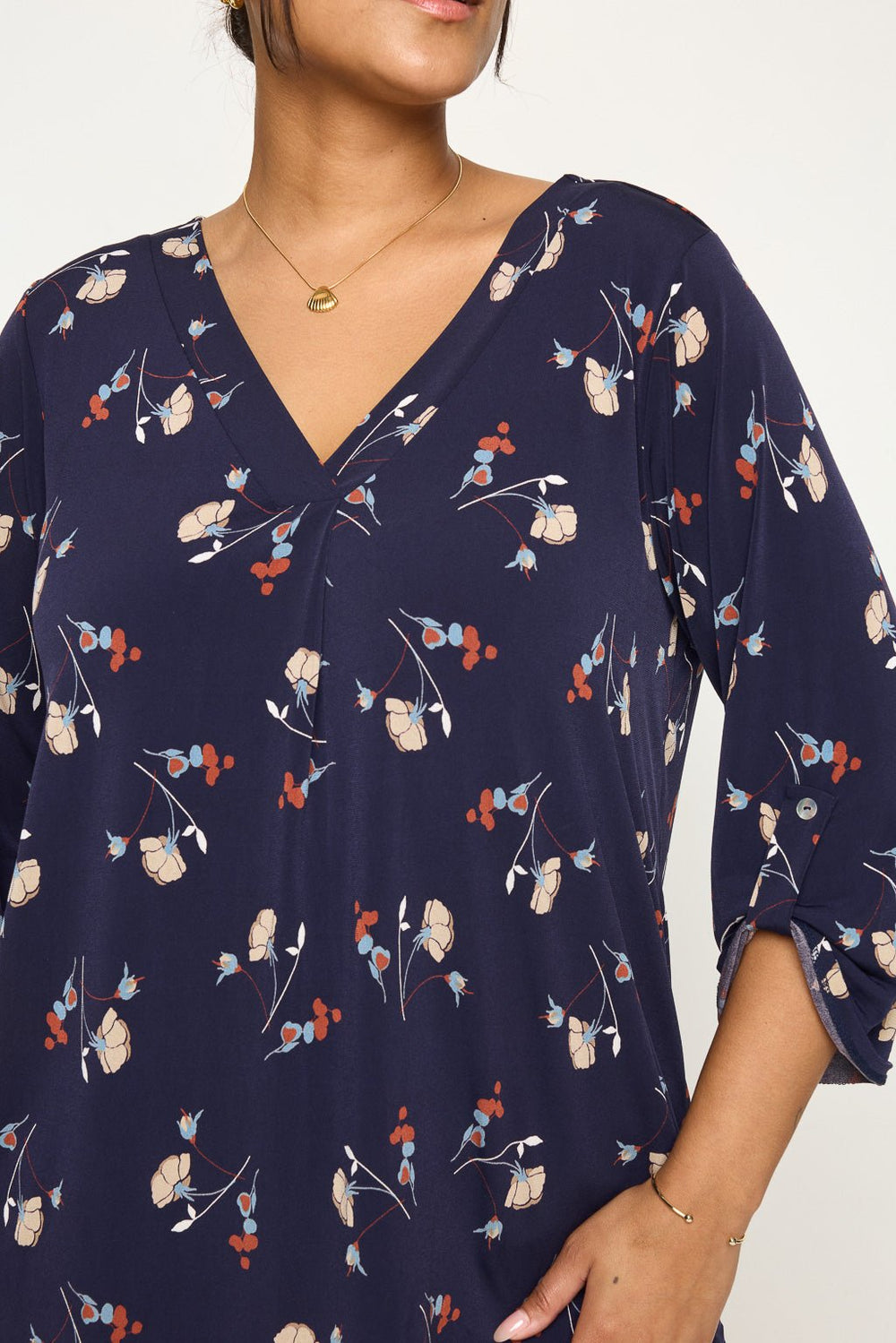 Image of West K Hollie Plus Size Roll - tab Sleeve Knit Blouse Navy Floral Multi