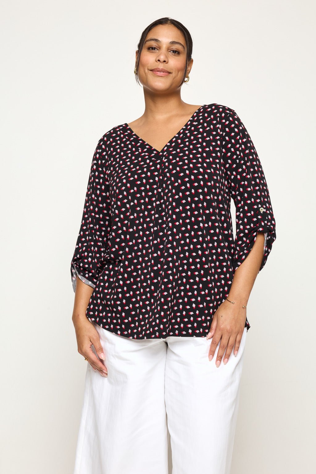 Image of West K Hollie Plus Size Roll - tab Sleeve Knit Blouse Navy Square Multi