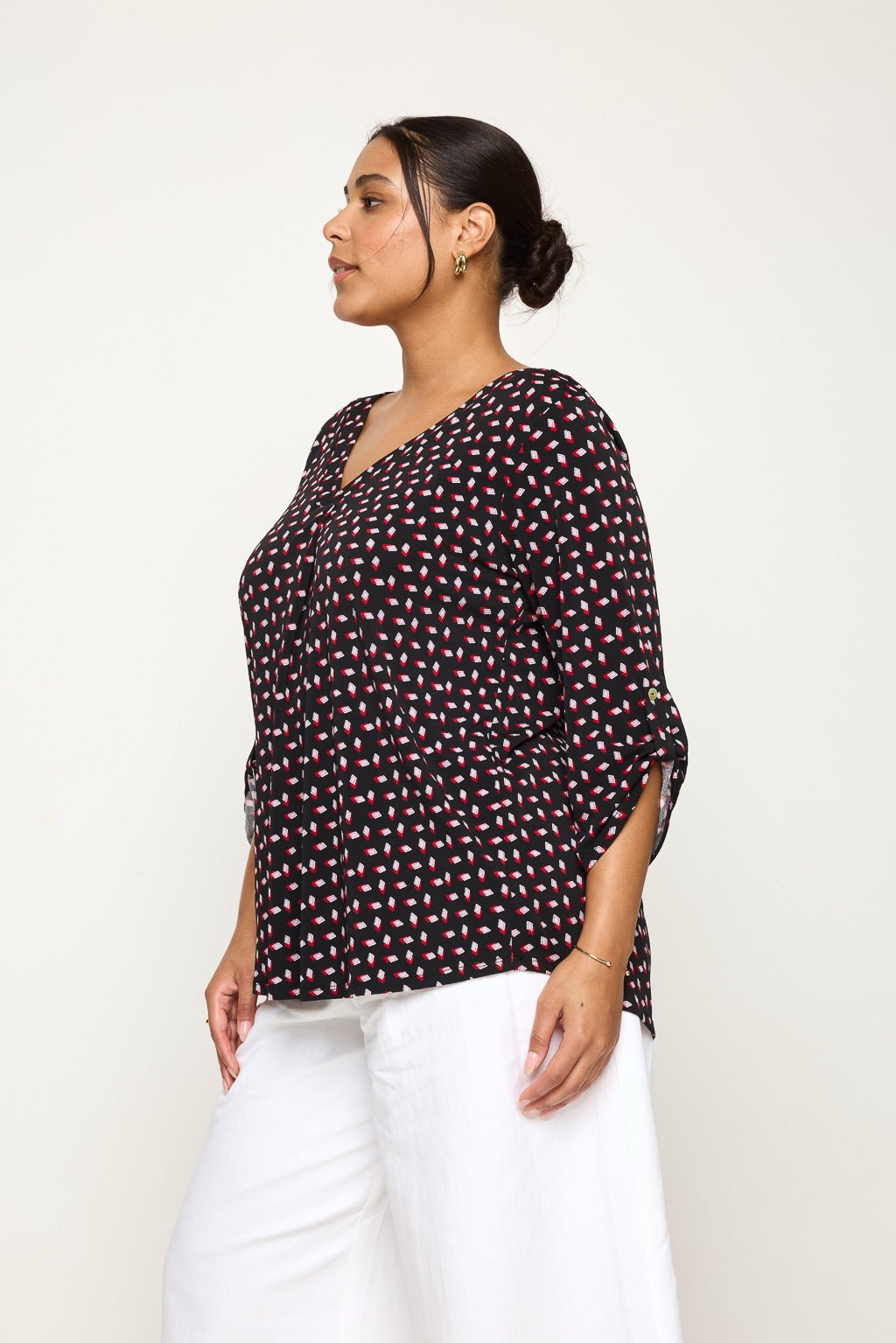 Image of West K Hollie Plus Size Roll - tab Sleeve Knit Blouse Navy Square Multi