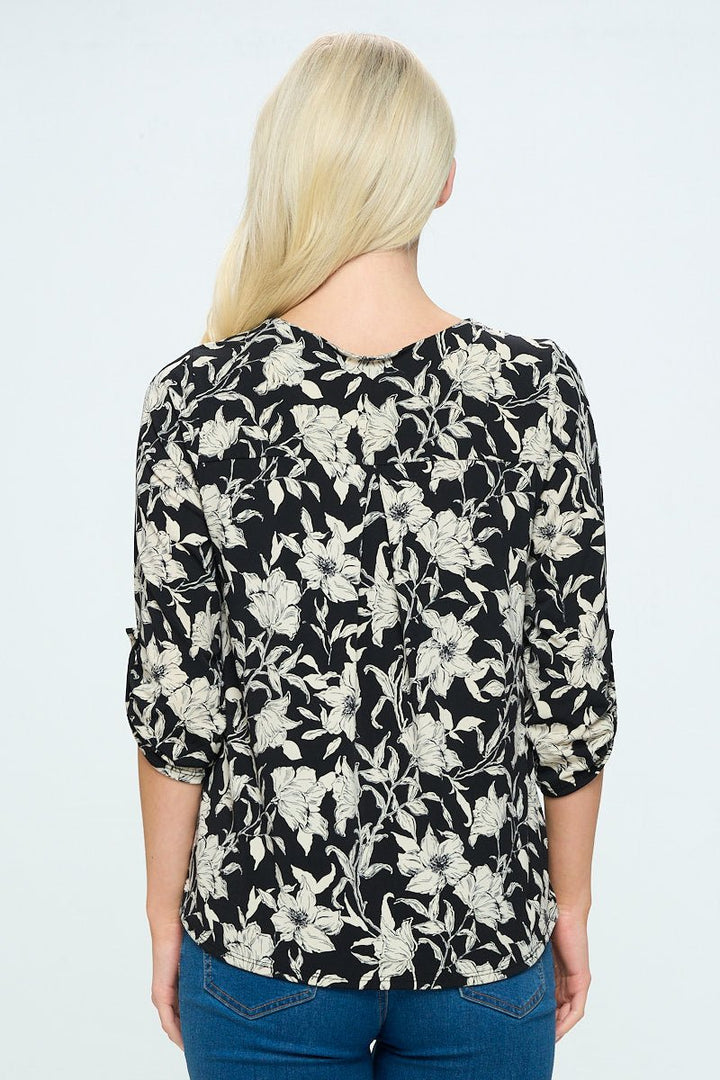 Image of West K Hollie Roll - tab Sleeve Knit Blouse Black Floral