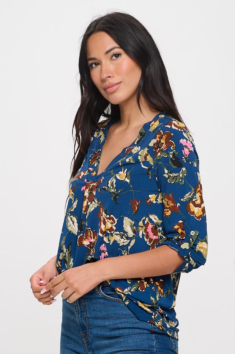 Image of West K Hollie Roll - tab Sleeve Knit Blouse Deep Teal Floral