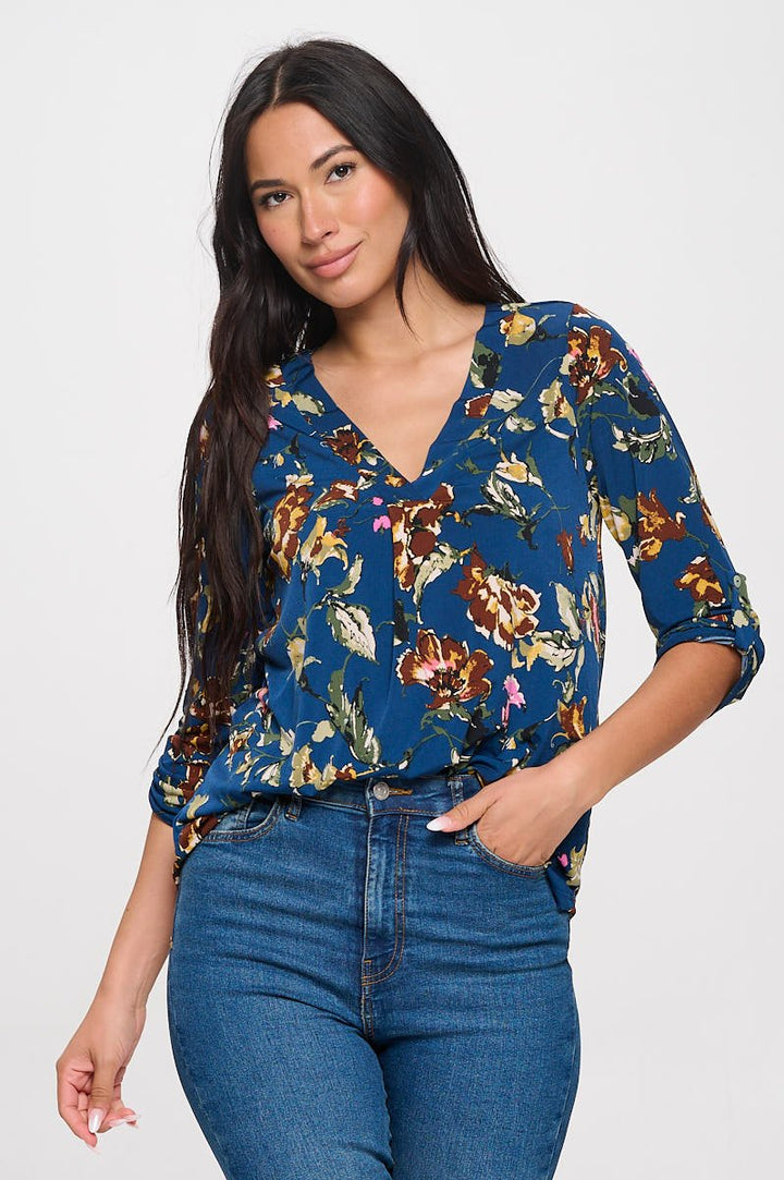 Image of West K Hollie Roll - tab Sleeve Knit Blouse Deep Teal Floral