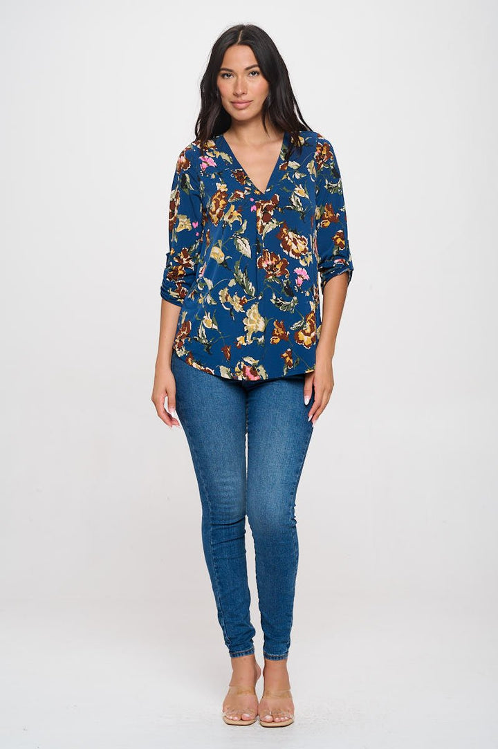 Image of West K Hollie Roll - tab Sleeve Knit Blouse Deep Teal Floral