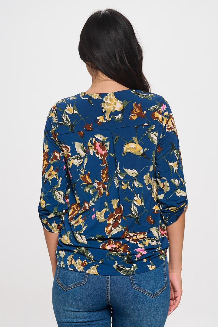 Image of West K Hollie Roll - tab Sleeve Knit Blouse Deep Teal Floral