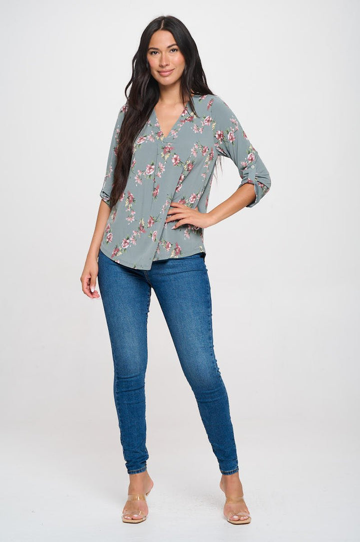 Image of West K Hollie Roll - tab Sleeve Knit Blouse Sage Floral