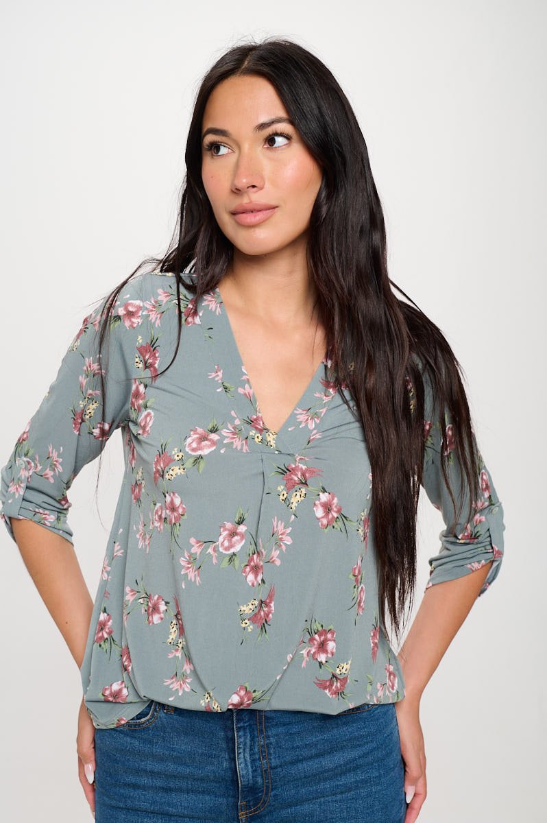 Image of West K Hollie Roll - tab Sleeve Knit Blouse Sage Floral