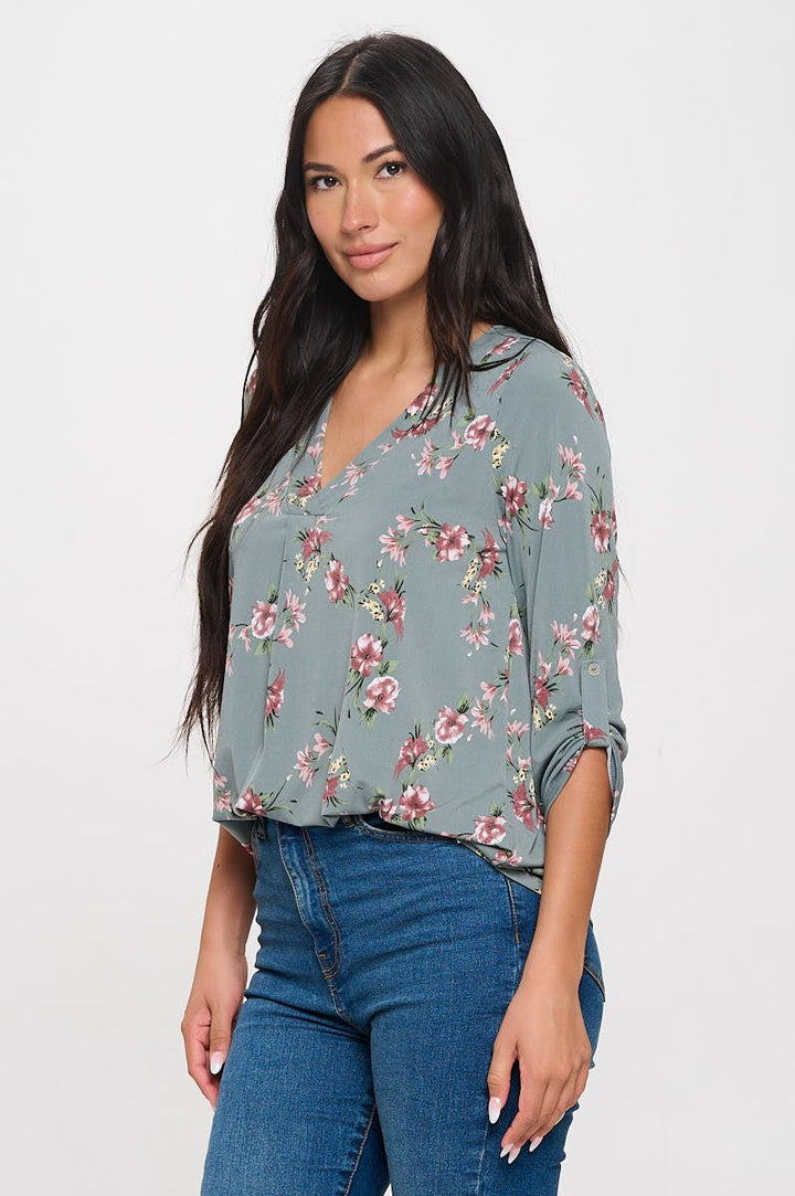 Image of West K Hollie Roll - tab Sleeve Knit Blouse Sage Floral