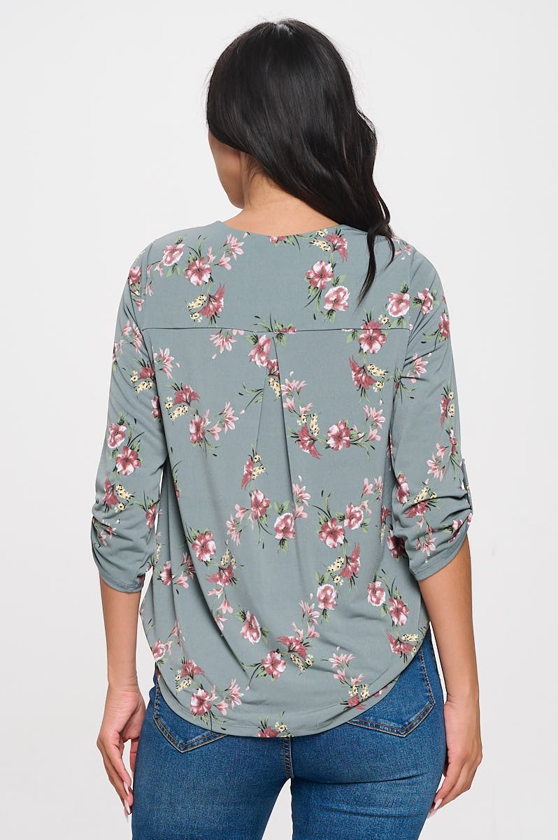 Image of West K Hollie Roll - tab Sleeve Knit Blouse Sage Floral